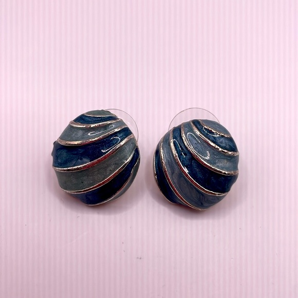 Vintage Blue Silver Tone Enamel Stud Stripes Statement Earrings - Picture 1 of 3